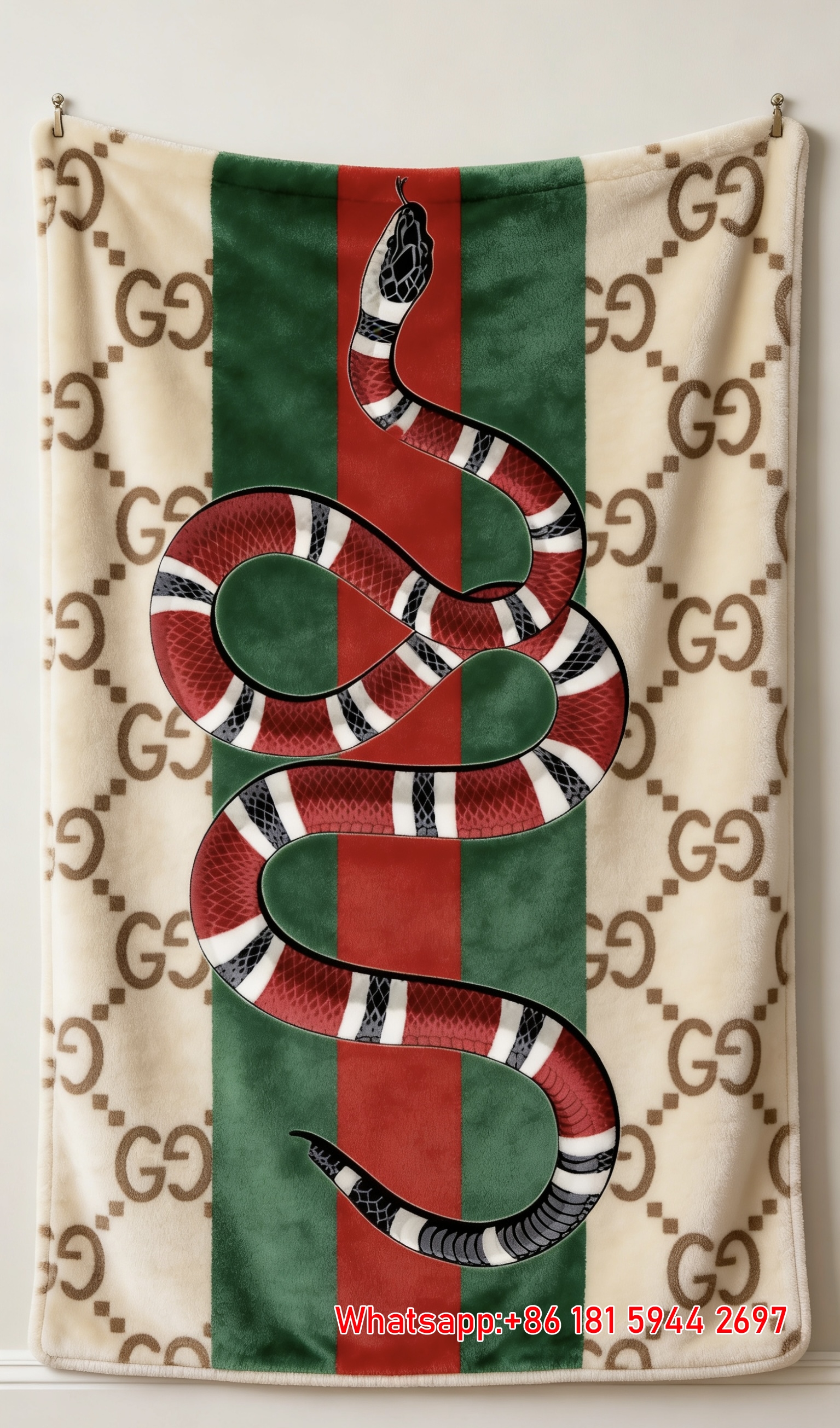 Iconic Kingsnake on GG Monogram & Web Stripe Flannel Blanket Gucci Inspired Red Snake Wall Tapestry IMG_2641